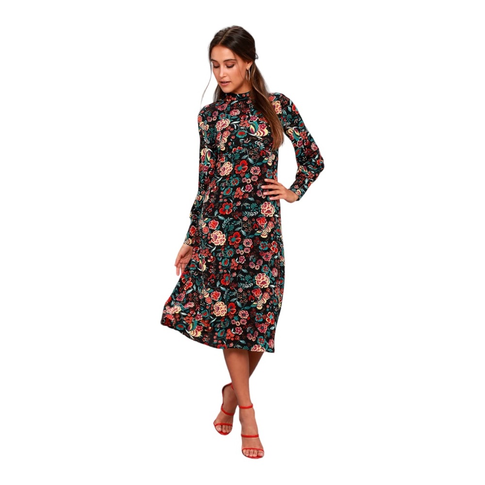 Lulus Retro Ready Black Floral Print Long Sleeve Midi Dress size medium